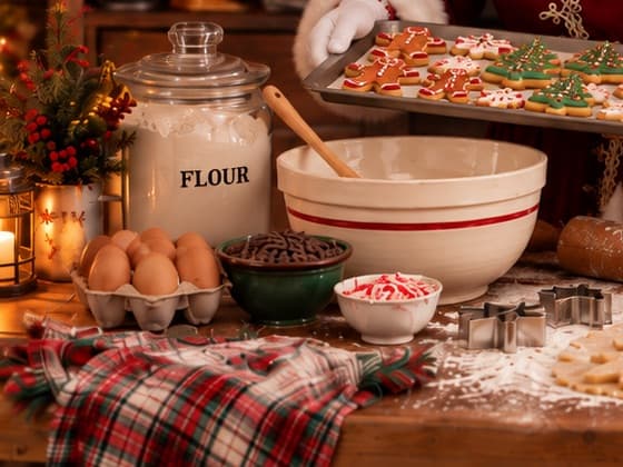 Flour jar, eggs, sprinkles and a mixing bowl on the baking table